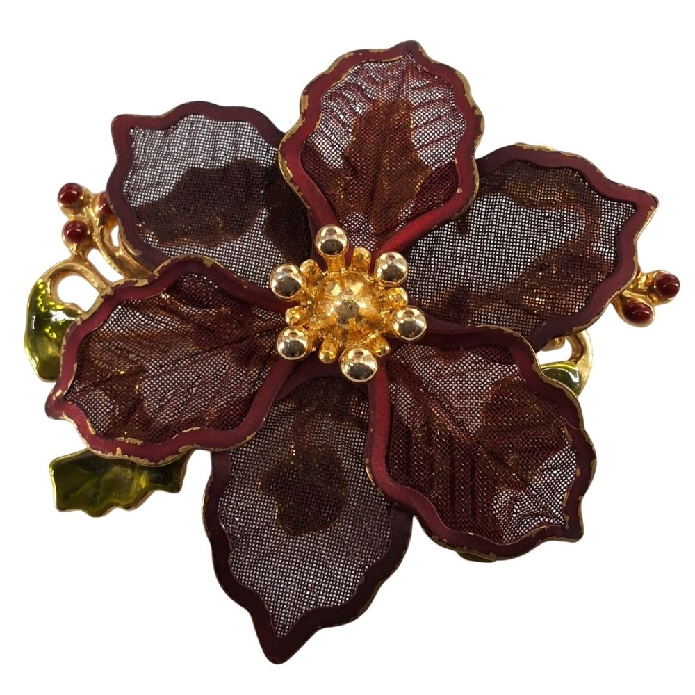Vintage Kenneth Cole KC Burgundy Mesh Poinsettia Brooch Christmas Holiday Pin